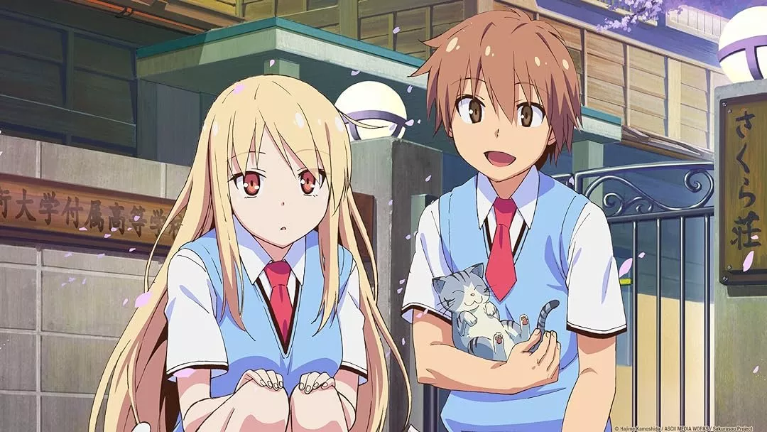 Sorata cheerfully introduces Mashiro holding a cat outside Sakurasou, creating a heartfelt moment
