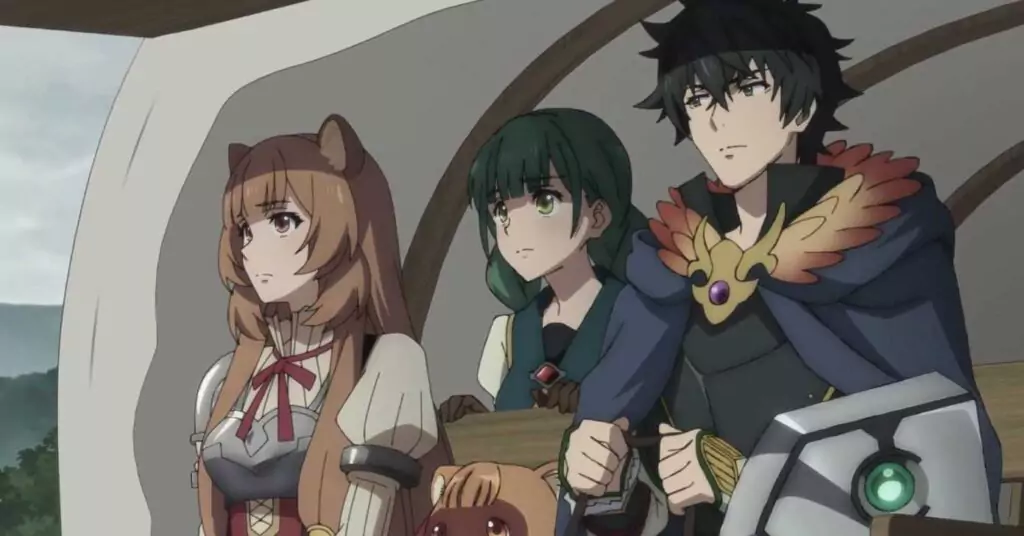Naofumi Iwatani, Raphtalia, and Filo ride in a carriage with determined expressions in a scene from "The Rising of the Shield Hero.