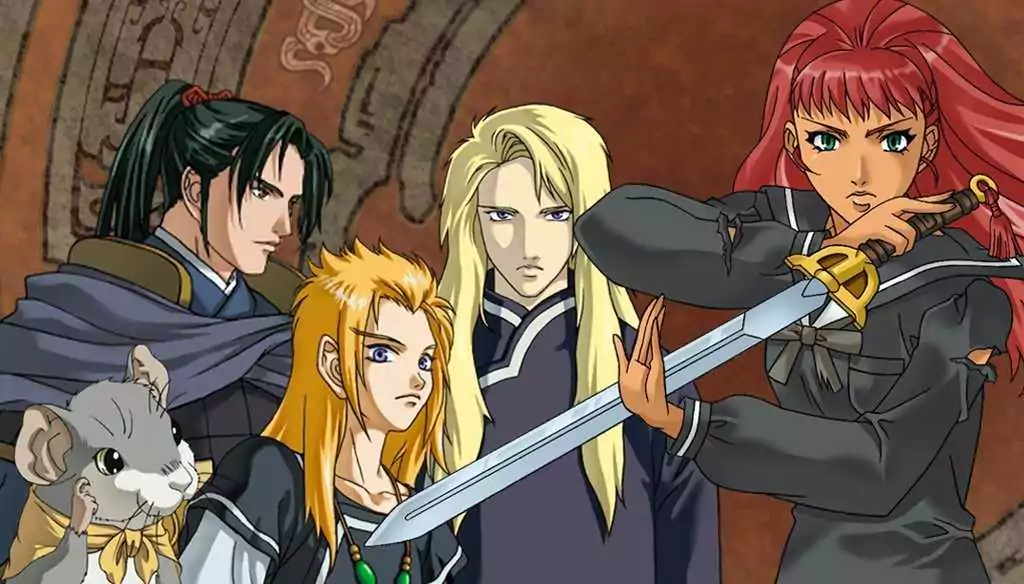 Main characters from The Twelve Kingdoms iskeai anime stand together with intense expressions. Yoko Nakajima is at the front, wielding a sword with determination.
