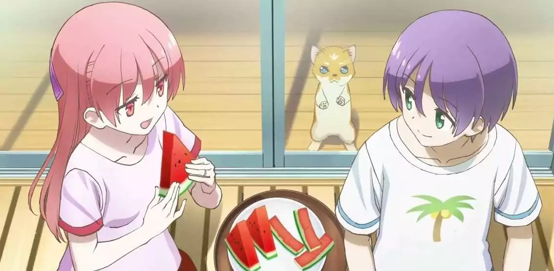 Tsukasa Yuzaki and Nasa Yuzaki spend time together enjoying watermelon in the anime Tonikawa: Over the Moon for You.