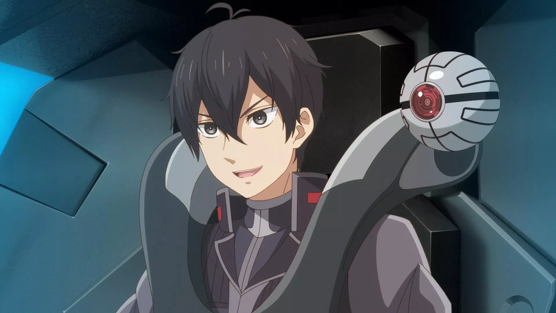 The protagonist of the anime "Trapped in a Dating Sim," Leon, is depicted with a confident, smug expression, sitting in a cockpit alongside his AI partner, Luxion.