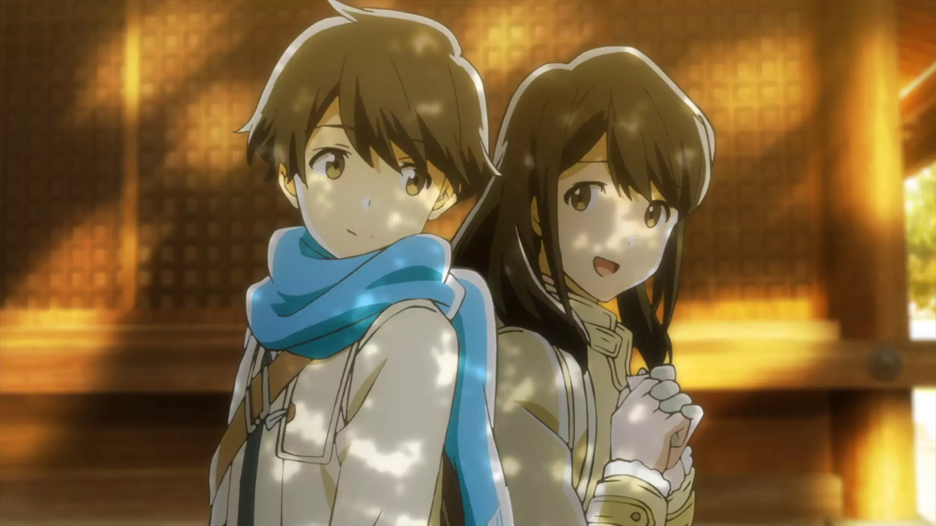 Kotarou and Akane stand together in soft sunlight, capturing the delicate emotions of first love in the high school romance anime Tsuki ga Kirei.