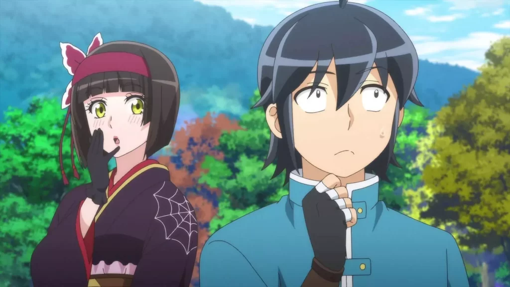 Makoto and Tomoe share a surprised moment in the colorful world of the isekai anime Tsukimichi: Moonlit Fantasy.