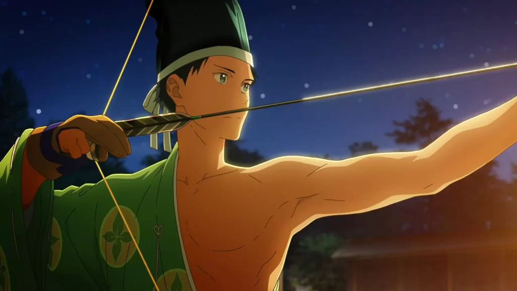Tsurune sports anime character Minato Narumiya practicing Kyudo archery at night.