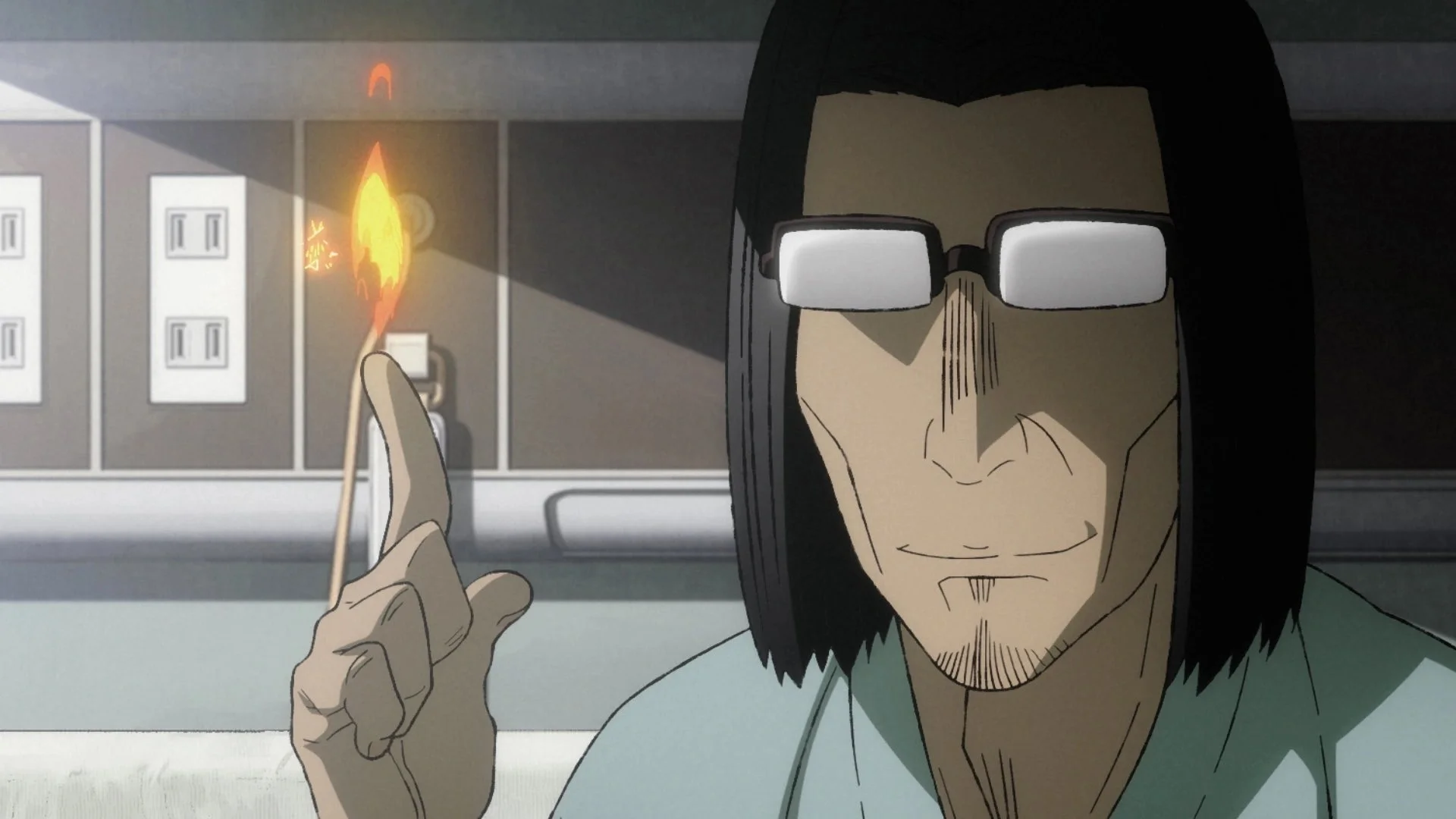 Uncle from Another World smirks confidently, adjusting his glowing glasses while conjuring a small flame on his fingertip.