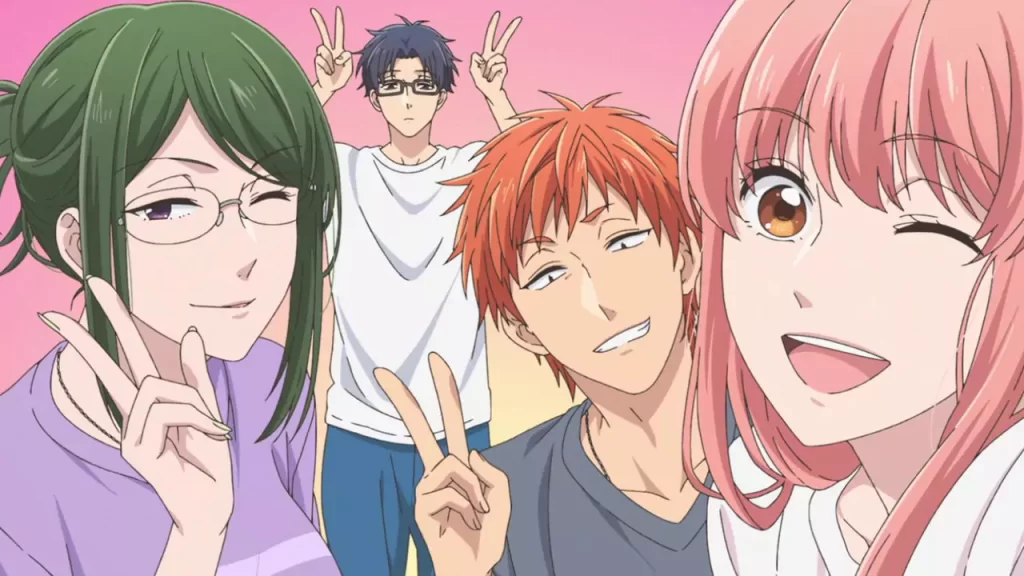 The main cast of the adult romance anime Wotakoi: Love is Hard for Otaku are smiling together and look happy.