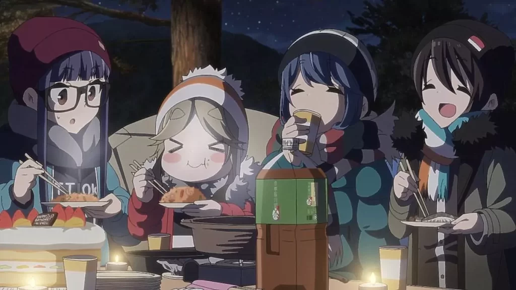 The girls from Yuru Camp enjoying a cozy outdoor meal together at night, sharing laughter and warmth around the campsite.