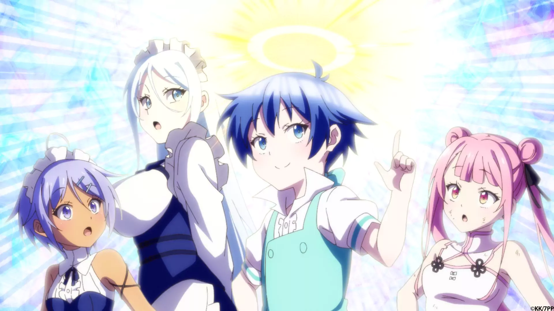 Prince Lloyd confidently poses with a halo of light behind him, surrounded by his companions in the anime “I Was Reincarnated as the 7th Prince.”