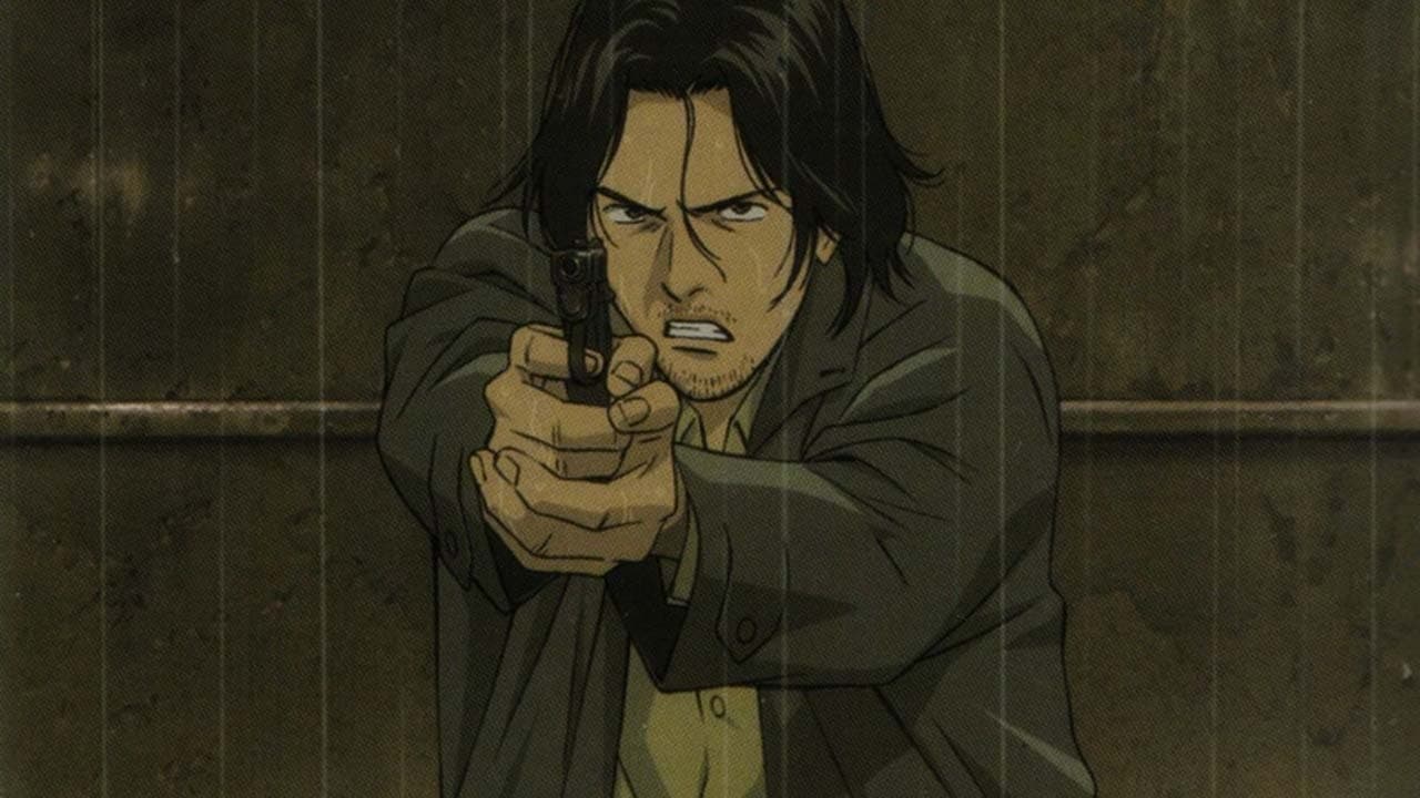 The protagonist of Monster, Dr. Tenma, holding a gun with an intense look.