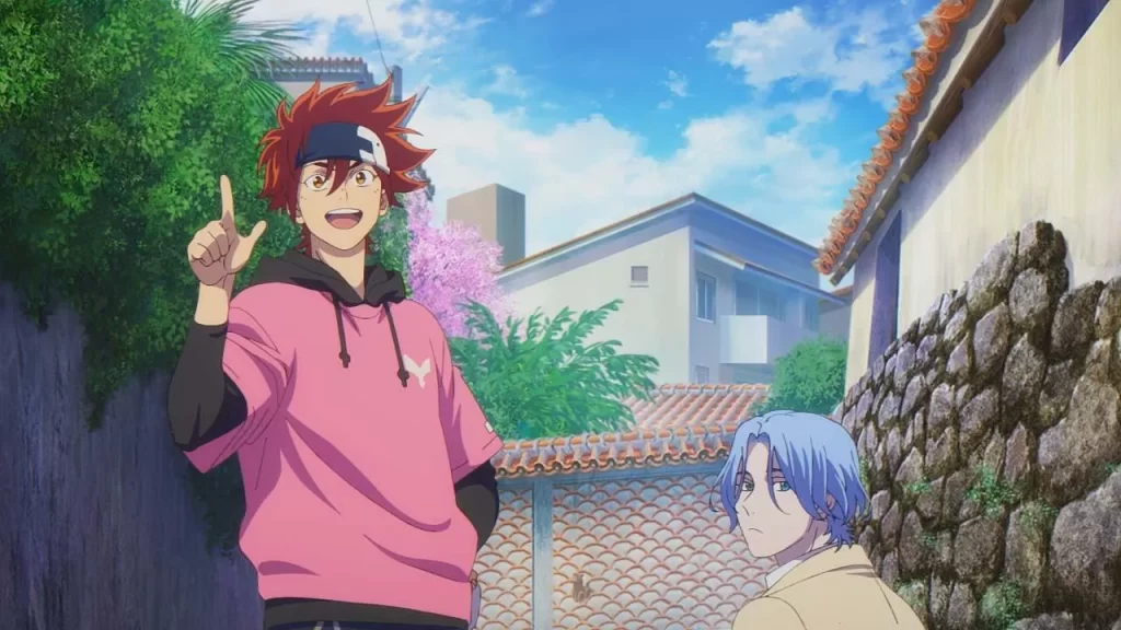 Reki, wearing a pink hoodie, chats with Langa on a lively outdoor street in the vibrant world of SK8 the Infinity.