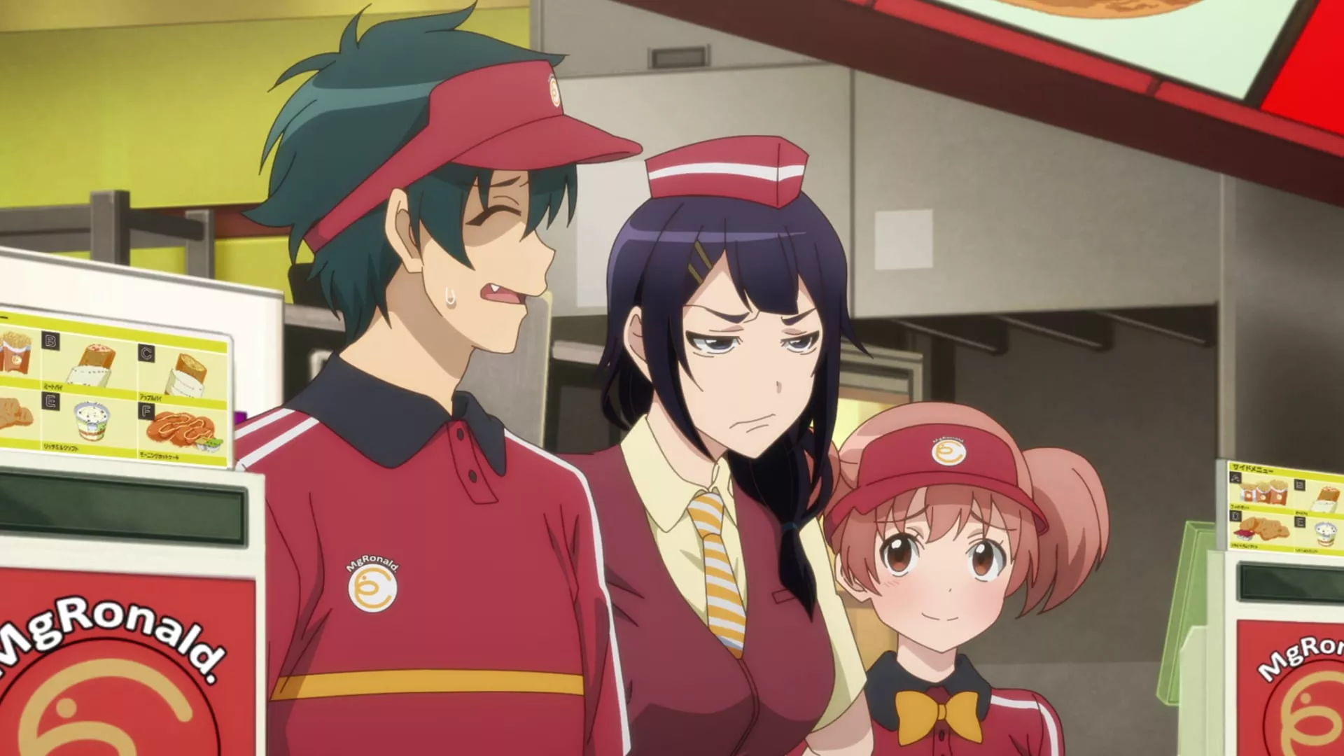 Sadao Maou, Emi Yusa, and Chiho Sasaki, the fast-food employees from The Devil Is a Part-Timer!, share a tense moment at the counter.