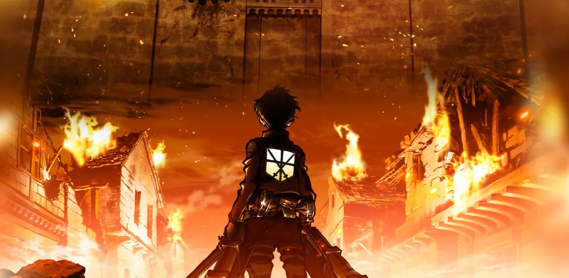 Eren Yeager from Attack on Titan anime standing with dual blades while wearing the Survey Corps uniform with the Wings of Freedom emblem on his back.