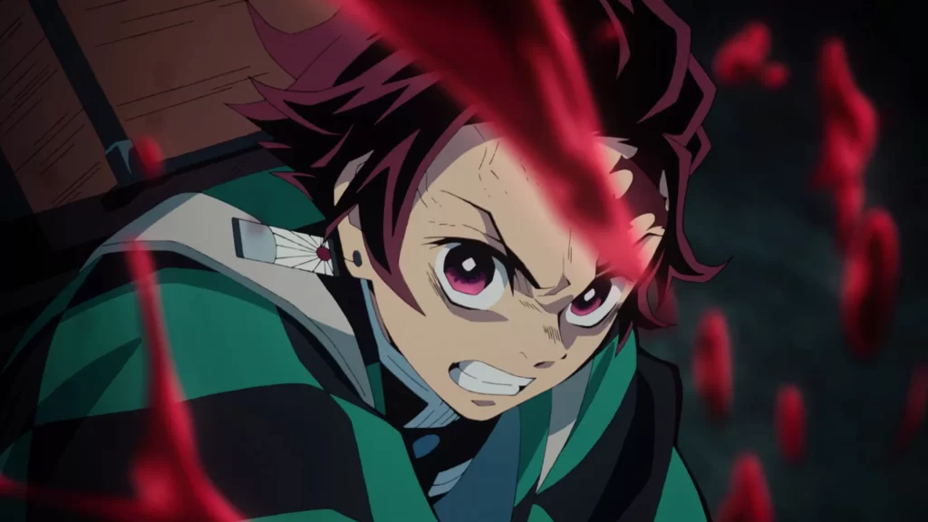 Tanjiro's intense action fight scene in the Demon Slayer anime.
