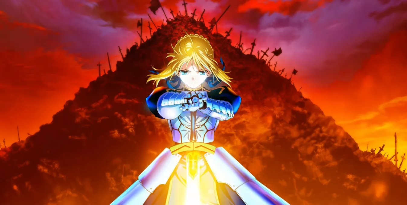 Saber from Fate/Stay Night anime standing in armor with her sword Excalibur glowing with golden light.