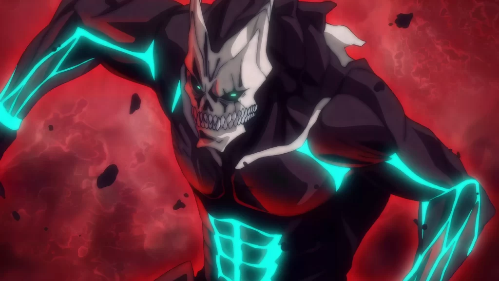 Kaiju No. 8’s monstrous transformation scene showcasing intense action and stunning battle animation.