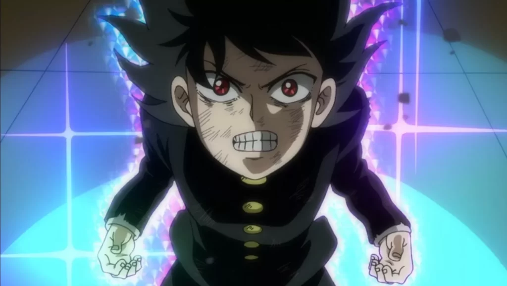 Mob unleashing his psychic powers in an intense battle scene from the action anime Mob Psycho.