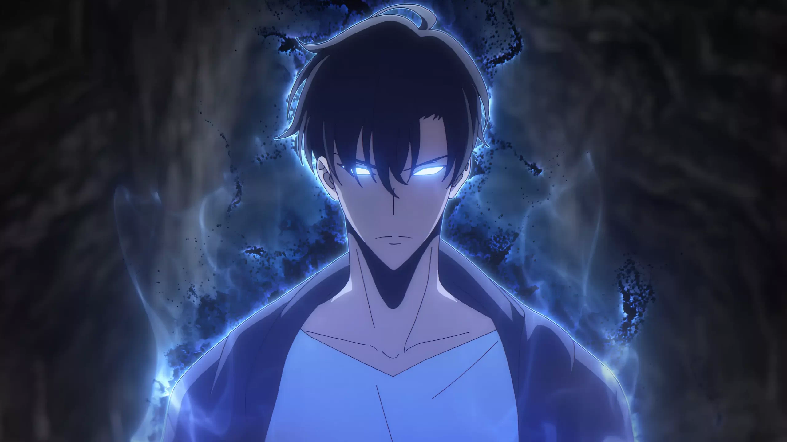 Sung Jin-woo, the powerful Hunter, leveling up with a blue aura in the popular action anime Solo Leveling.