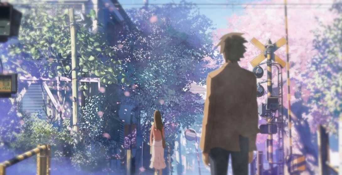 Makoto Kobayashi from the underrated sad anime film Colorful, surrounded by swirling cherry blossom petals in pink, blue, and white colors.