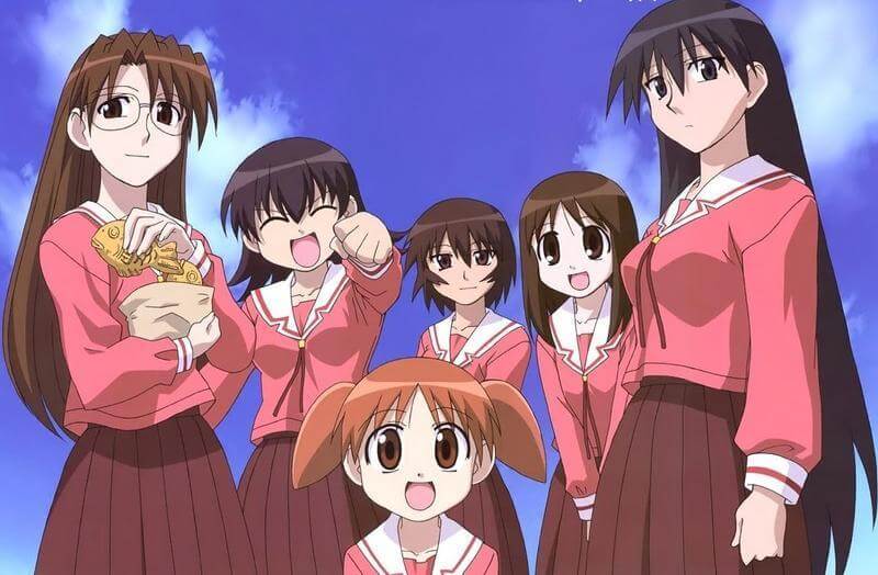 The main cast of Azumanga Daioh stands together in school uniforms under a bright blue sky.