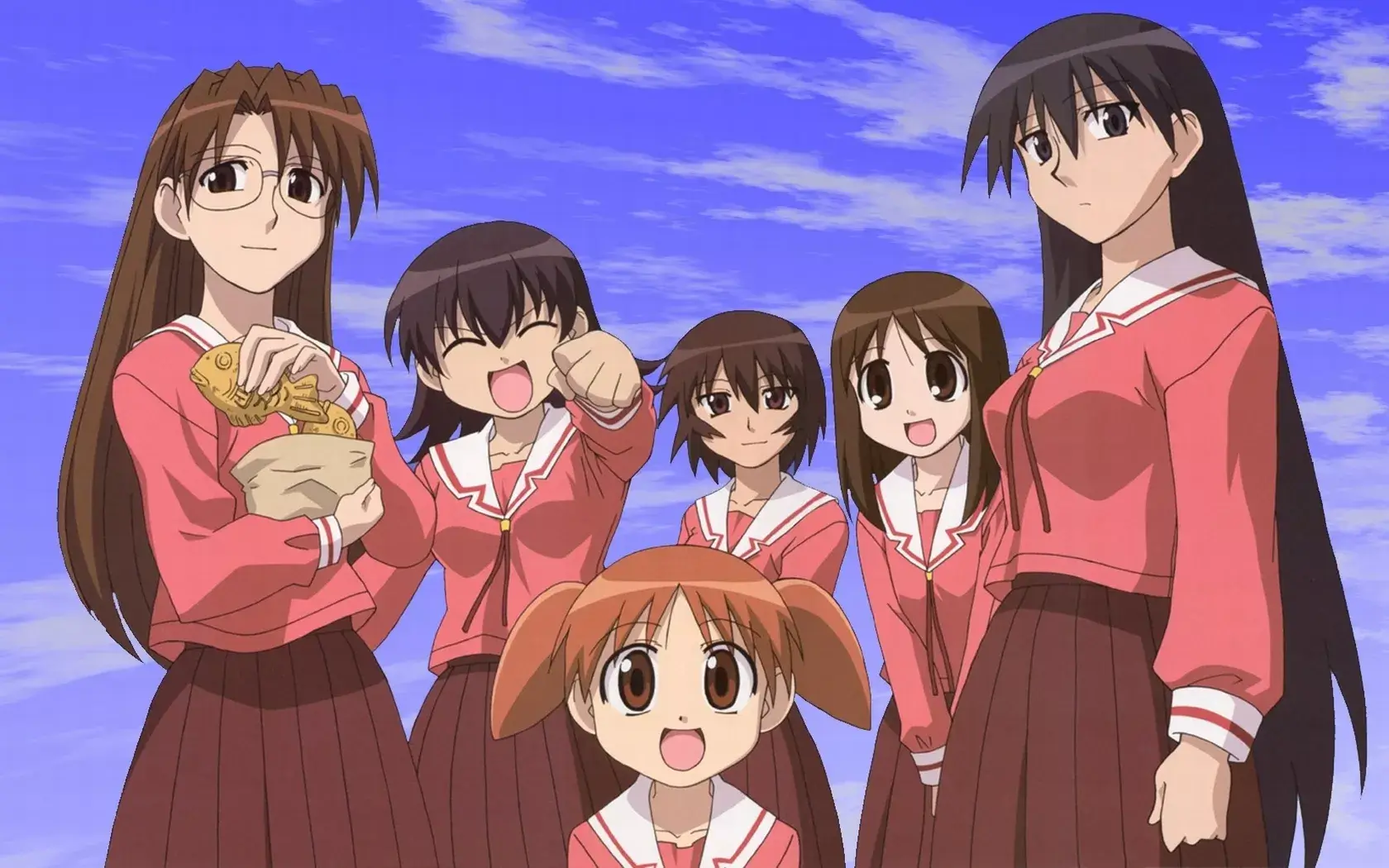 The main cast of Azumanga Daioh stands together in school uniforms under a bright blue sky.
