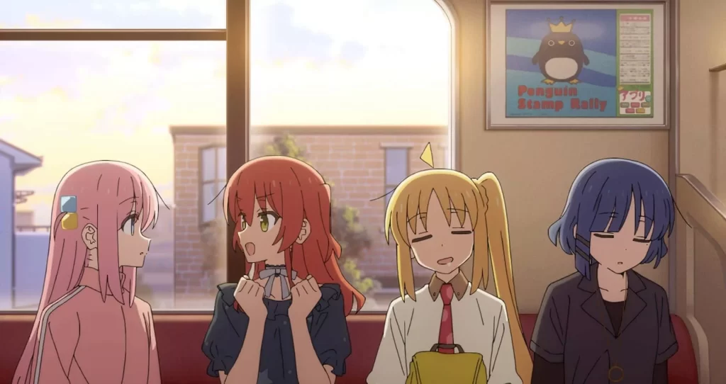 Band members from Bocchi the Rock! sitting quietly on a train, showing a peaceful moment between friends.