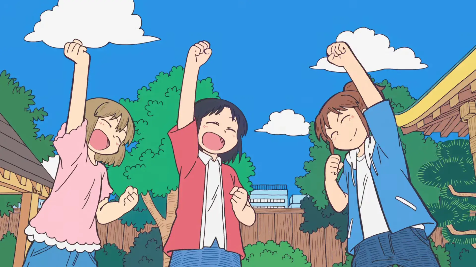 Three cheerful friends from “City: The Animation” raising their fists in excitement under a bright blue sky.