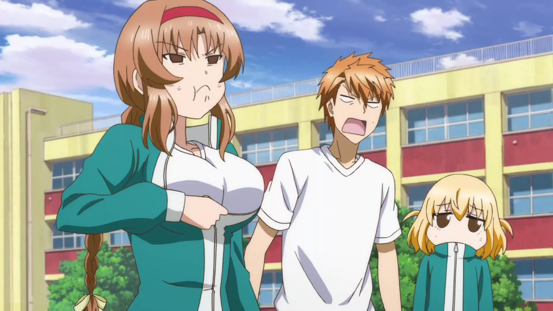 Takao with an angry, puffed-up face near Kenji and a small, unimpressed Roka in D-Frag! anime
