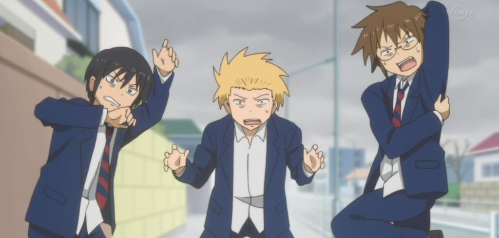 The main trio from Daily Lives of High School Boys reacting in a panicked and exaggerated way on a street.