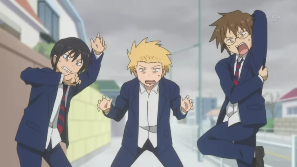 The main trio from Daily Lives of High School Boys reacting in a panicked and exaggerated way on a street.