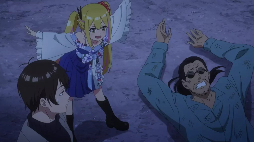 Psychic girl Hina stands proudly over a defeated yakuza member, adding to the funny anime chaos.