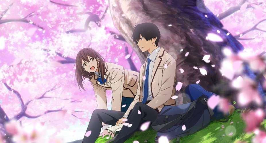 A touching moment from one of the saddest anime movies, I Want to Eat Your Pancreas, with Haruki and Sakura sitting under blooming cherry blossoms.