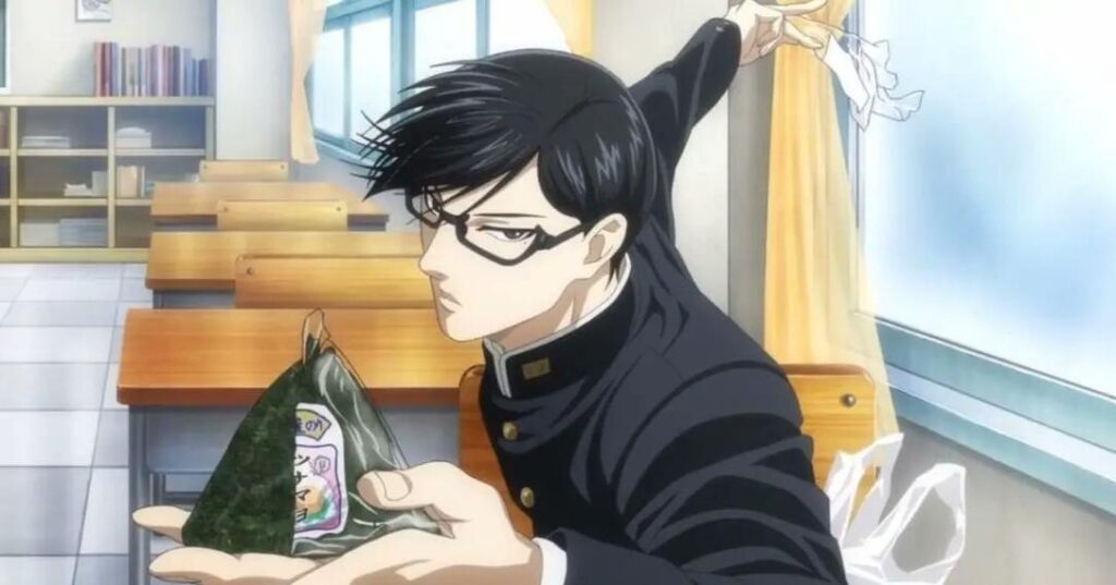 Sakamoto dramatically showing off a rice ball in his classroom from one of the funniest anime, Haven’t You Heard? I’m Sakamoto.