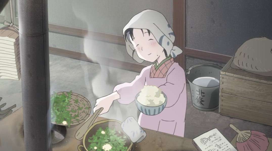Suzu from In This Corner of the World preparing a humble meal with gentle hands and a hopeful smile, finding warmth and dignity in everyday life even amidst the quiet hardships of war-torn days.