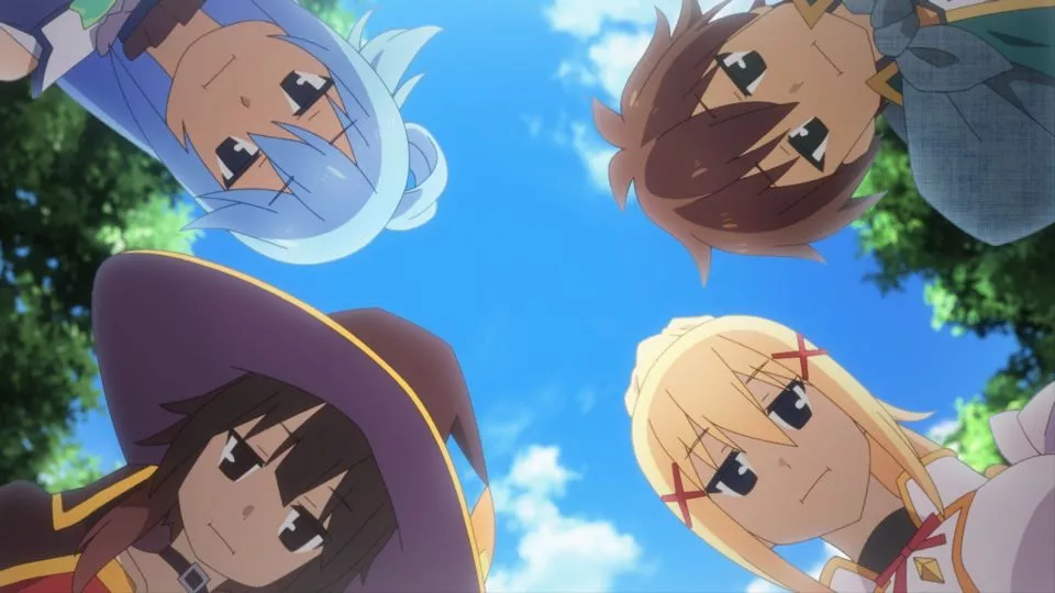 The main characters of KonoSuba—Aqua, Kazuma, Megumin, and Darkness—peering down from above with a blue sky and trees in the background, as if they’re looking at something or someone on the ground.