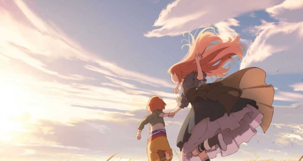 A young Maquia with flowing golden hair holds hands with a child as they run through a sunlit field.