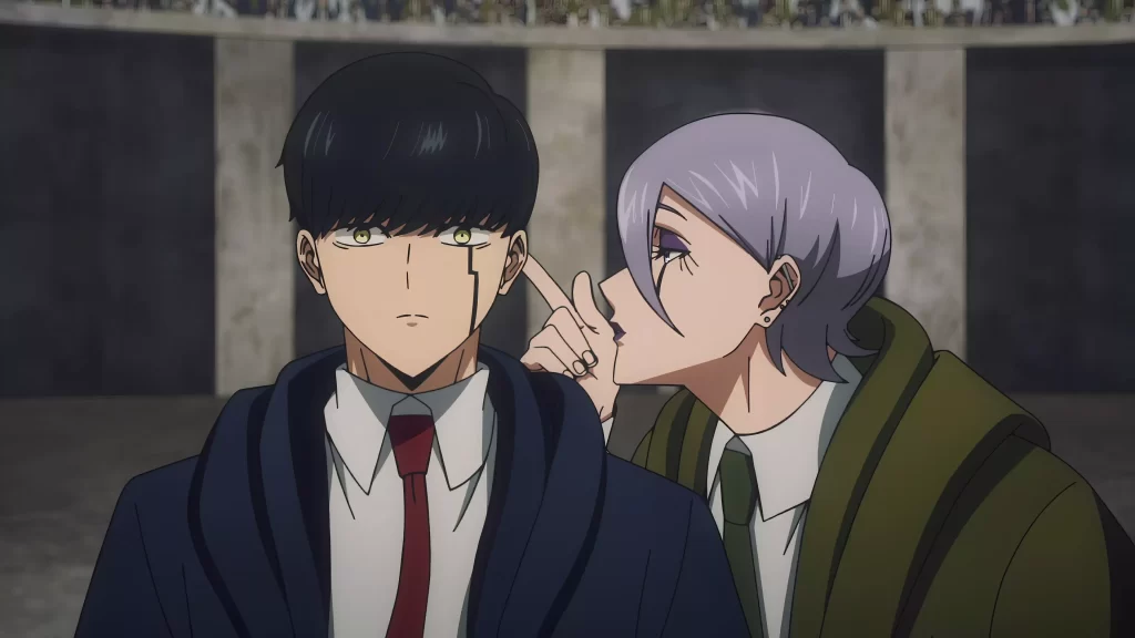 Mash and Margarette in an arena, Margarette teasing Mash playfully, from one of the best comedy anime “Mashle: Magic and Muscles” 