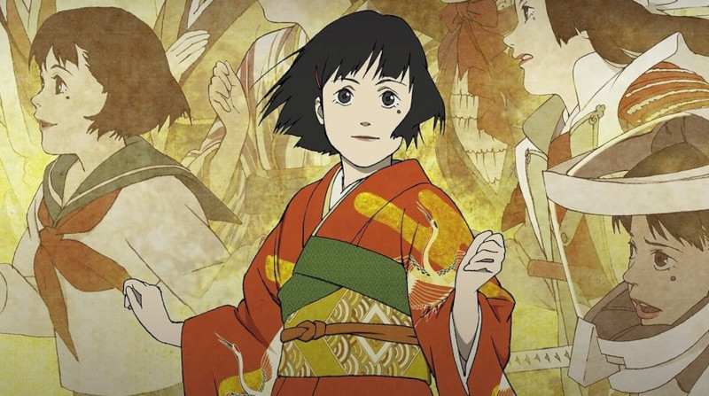 Chiyoko from Millennium Actress, cloaked in timeless beauty, races through memories and centuries — chasing love, dreams, and fragments of herself across the golden reel of cinema and history.