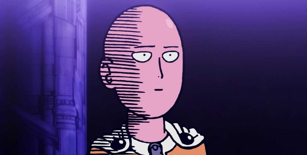 Saitama from One Punch Man with a blank, emotionless stare in a shadowed scene.