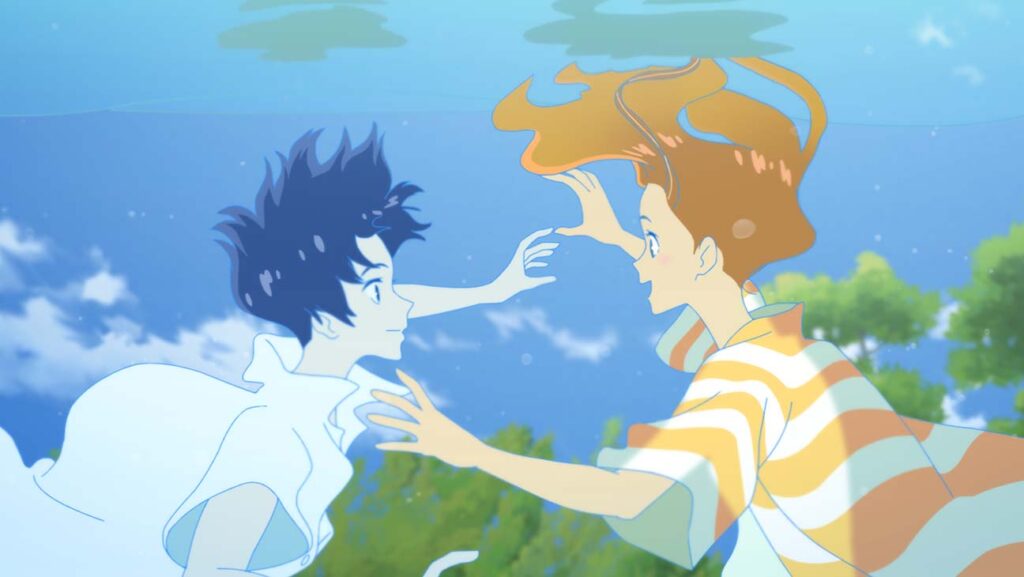 Hinako and Minato from Ride Your Wave anime film reaching toward each other against a bright blue sky with white clouds.