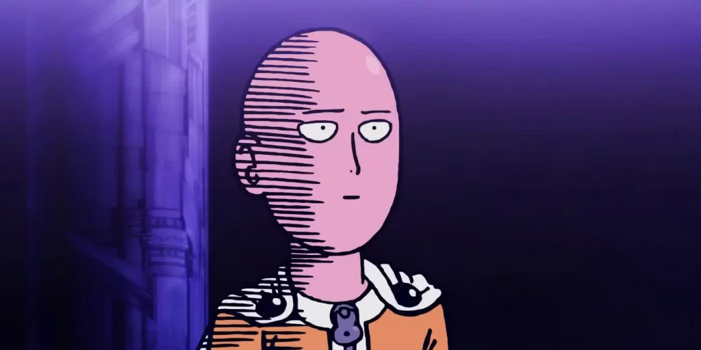 Saitama from One Punch Man with a blank, emotionless stare in a shadowed scene.