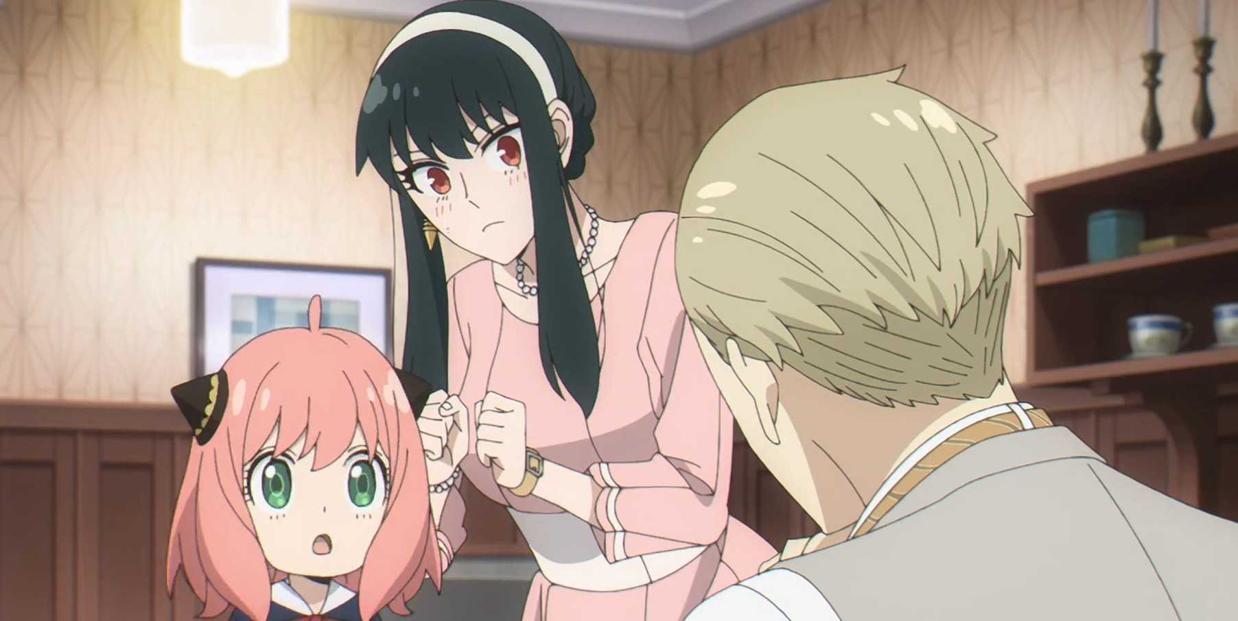 The Forger family—Anya, Yor, and Loid in a dramatic and comedic exchange from Spy x Family.