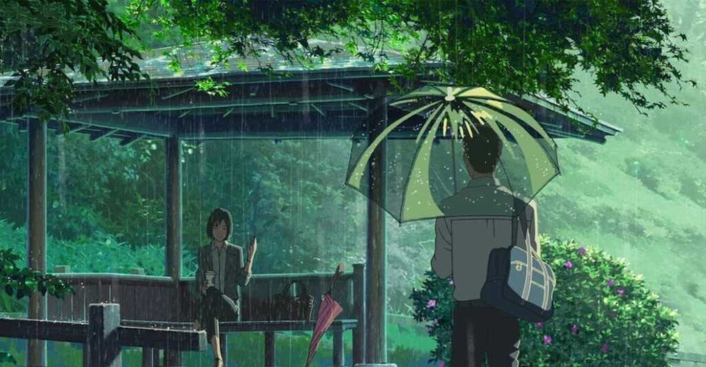 A scene from the Garden of Words anime movie when Takao and Yukino meet on a rainy day.