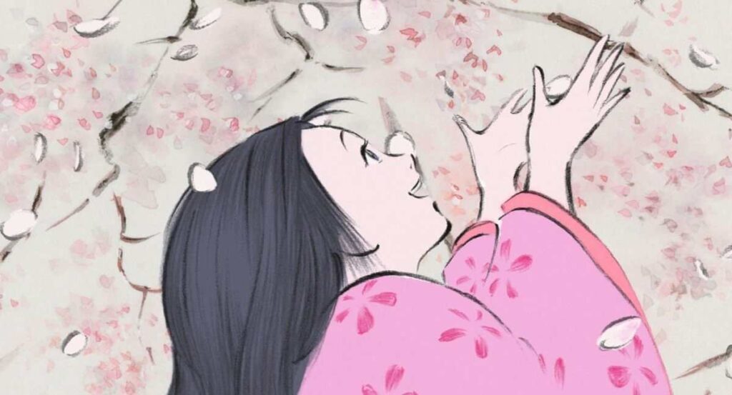 Kaguya from The Tale of the Princess Kaguya gleefully reaching for falling cherry blossoms under a spring sky, capturing a fleeting moment of freedom and childlike wonder.