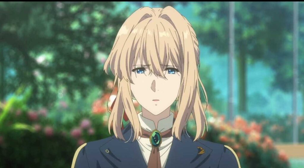 A close-up of Violet Evergarden standing in a peaceful garden, her expression calm but sad, reflecting deep emotion.
