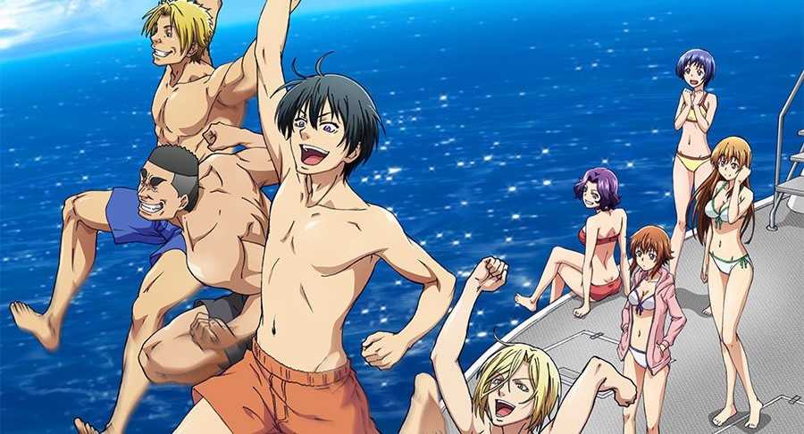 Grand Blue characters in swimwear on a boat, with some jumping into the ocean and others relaxing onboard.