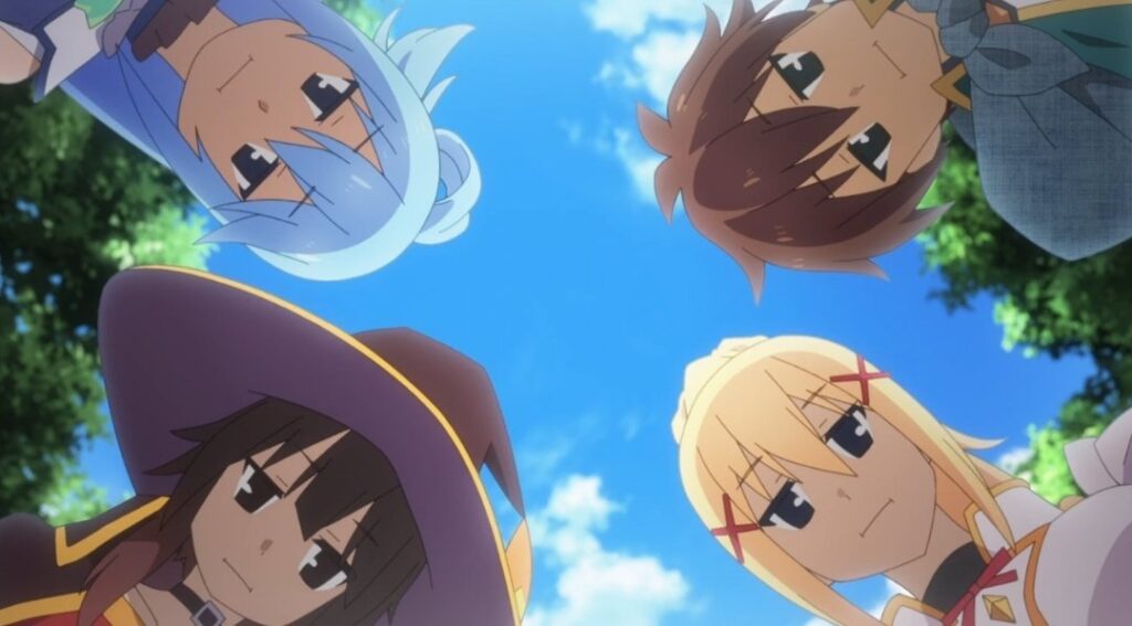 The main characters of KonoSuba—Aqua, Kazuma, Megumin, and Darkness—peering down from above with a blue sky and trees in the background, as if they’re looking at something or someone on the ground.