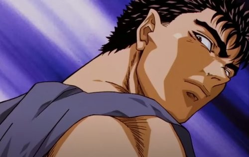 Guts from the classic seinen anime Berserk (1997) glancing over his shoulder with an intense expression.