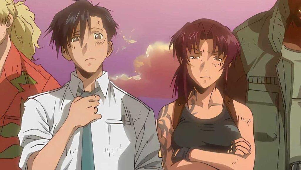 Okajima and Revy from Black Lagoon anime standing together against a sunset sky.
