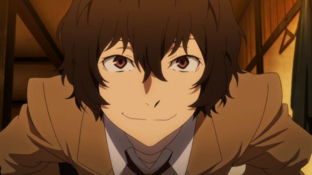 Dazai from Bungou Stray Dogs, smiling happily while staring.
