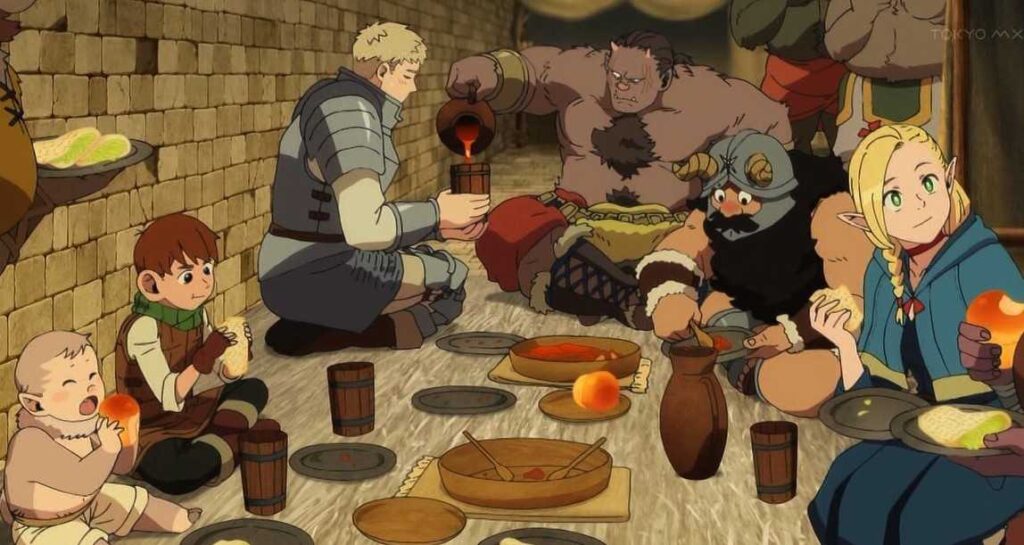 The adventuring party from Delicious in Dungeon anime gathered around a campfire in a dungeon setting, preparing and sharing a meal together.